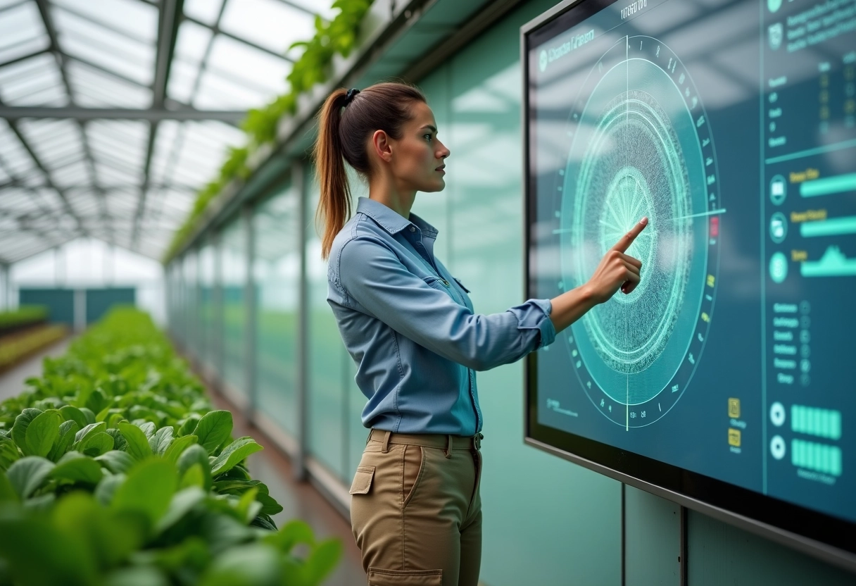 Jeune femme ingénieure agricole dans serre hightech