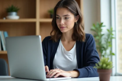 Jeune femme concentrée devant son ordinateur dans un bureau lumineux