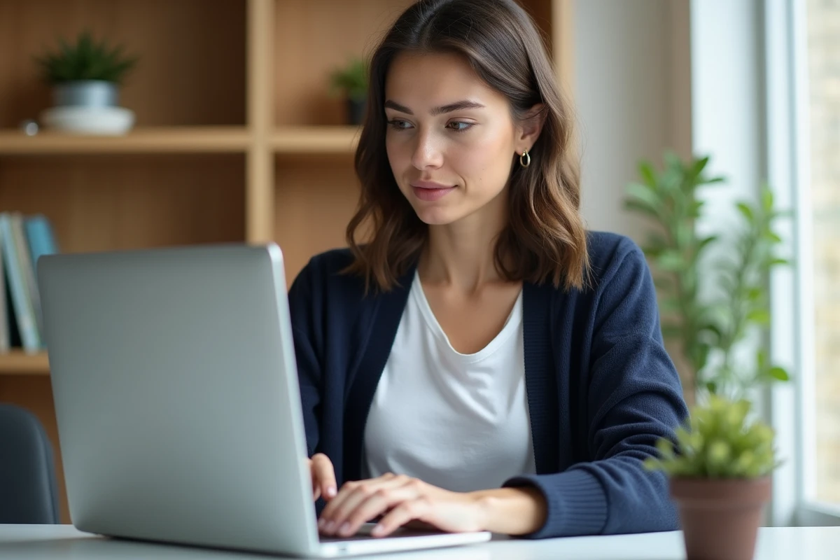 Jeune femme concentrée devant son ordinateur dans un bureau lumineux