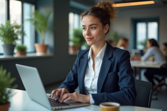 Jeune femme professionnelle travaillant sur son ordinateur dans un bureau moderne
