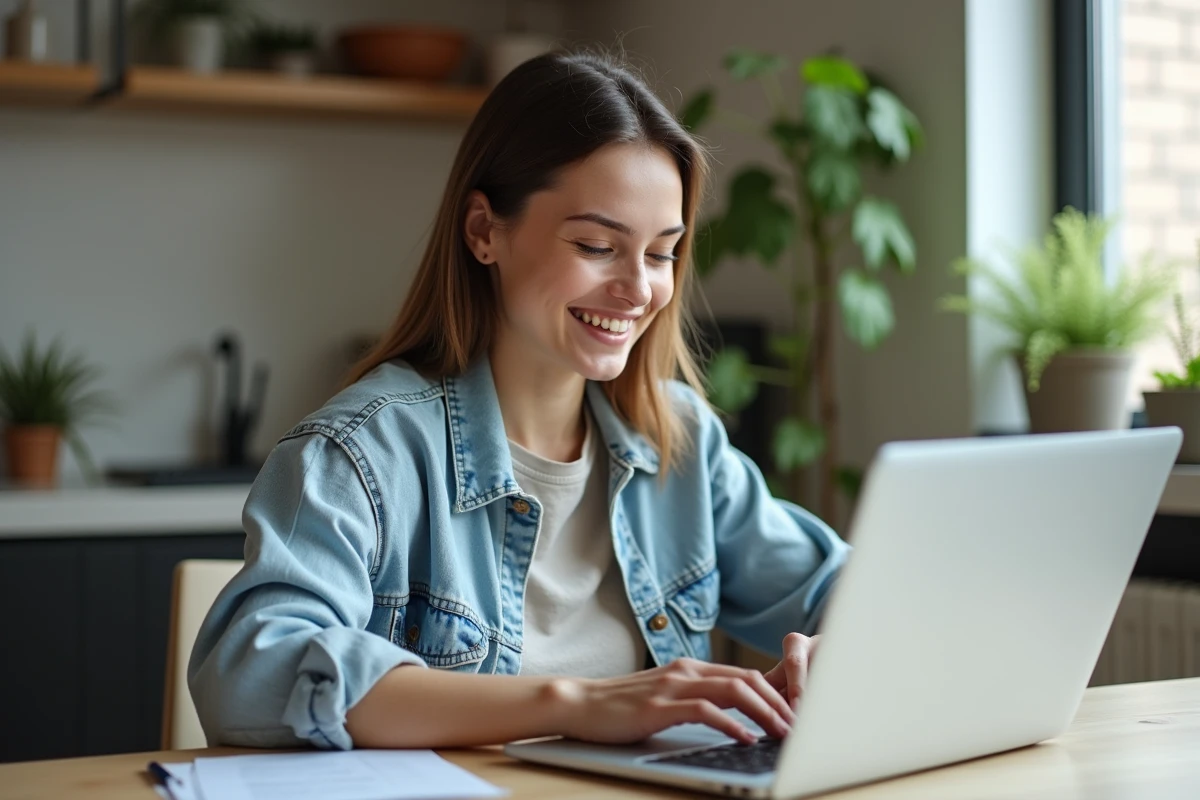 Jeune femme en denim au bureau moderne utilisant un ordinateur