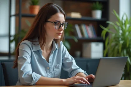Jeune femme professionnelle concentrée au bureau avec ordinateur