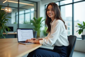 Jeune femme professionnelle souriante au bureau avec ordinateur