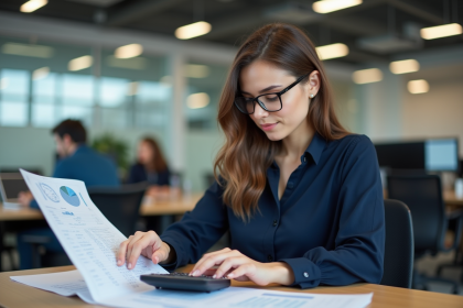 Jeune femme au bureau examinant une feuille de calcul