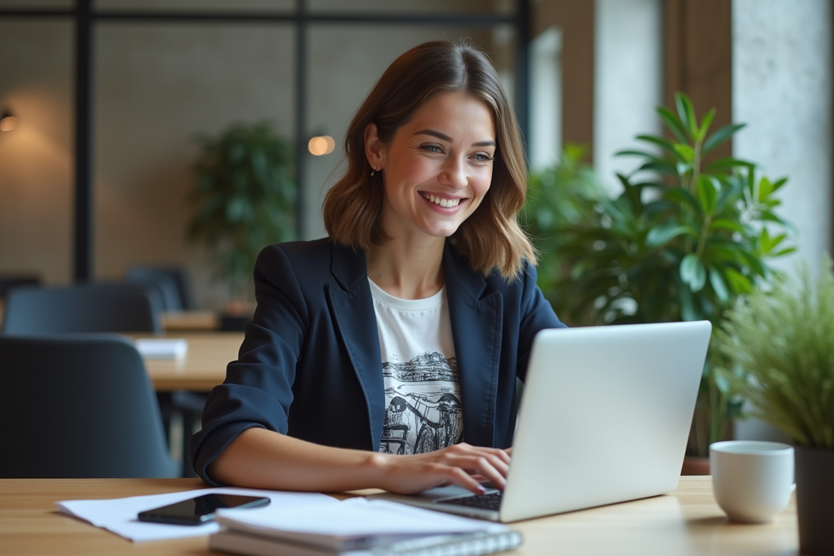 Jeune femme au bureau souriante et curieuse avec ordinateur