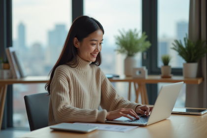 Jeune femme professionnelle dans un bureau moderne avec WiFi 6