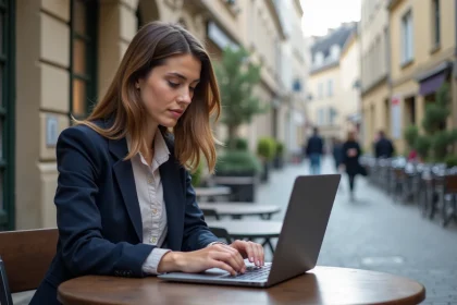 Jeune femme au café de Rennes travaillant sur son ordinateur