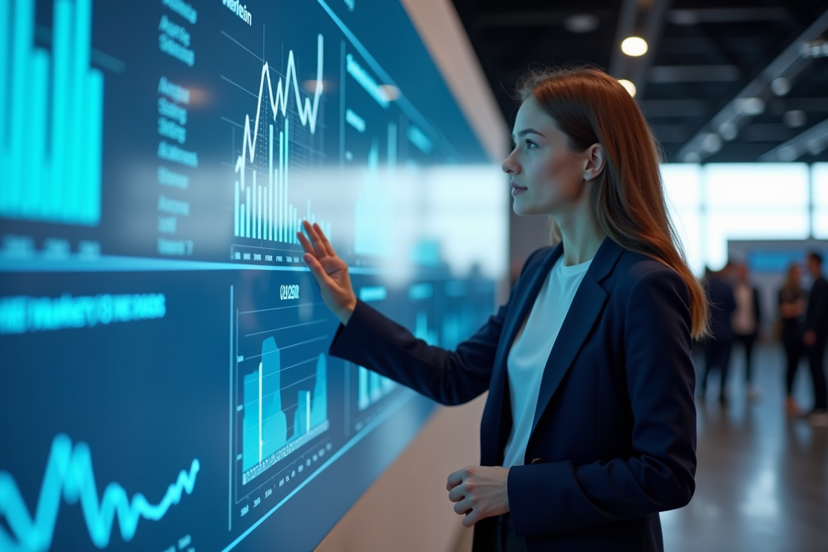 Jeune femme en conférence avec affichage digital futuriste