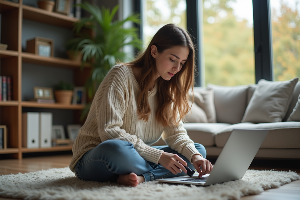 Jeune femme branchant un disque dur externe sur son ordinateur portable dans le salon