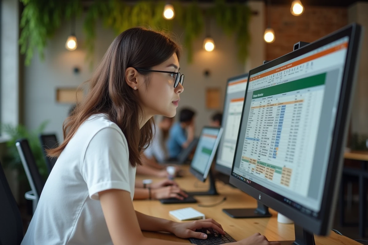 Jeune femme dans un espace coworking utilisant la fonction Excel pour enlever les doublons d'un tableau structuré en un clic