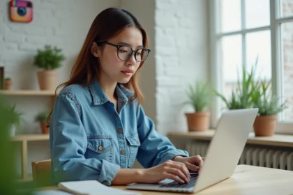 Jeune femme en denim modifiant un GIF sur son ordinateur