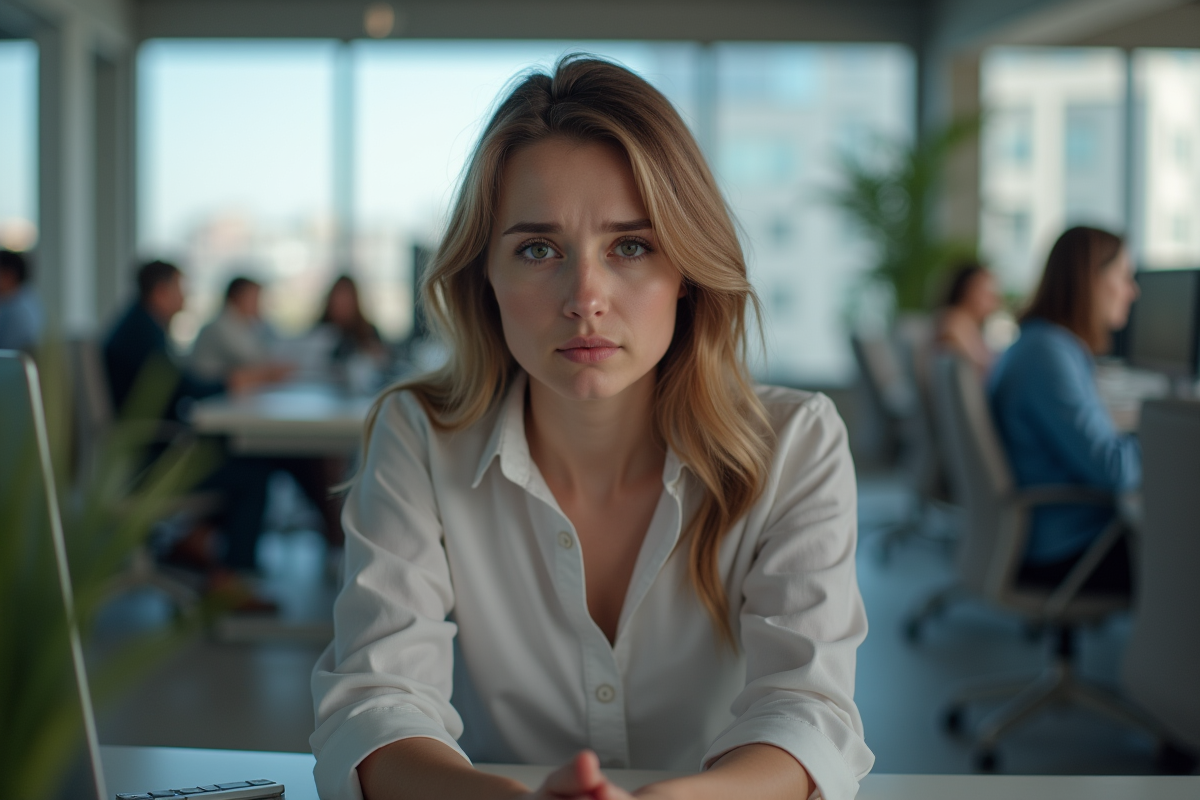 Jeune femme hésitant dans un bureau animé