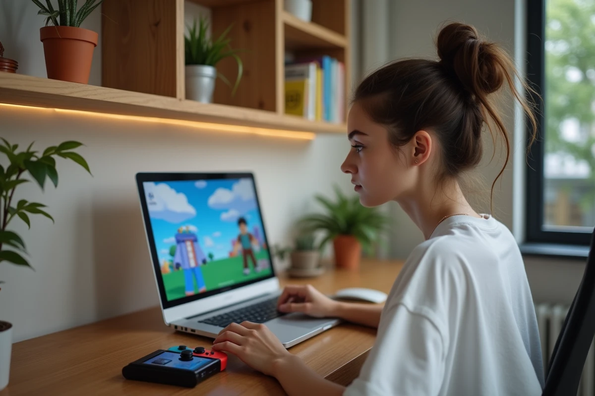 Jeune femme comparant Roblox sur PC et Nintendo Switch posée sur un bureau