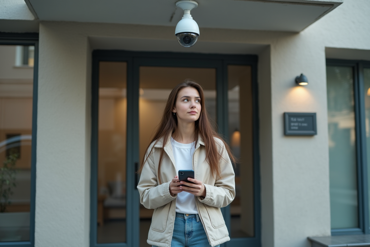 Jeune femme regarde une caméra à l entrée d un immeuble