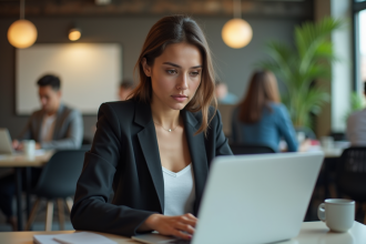 Jeune femme professionnelle travaillant sur son ordinateur dans un espace coworking
