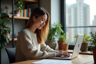 Jeune femme assise au bureau avec ordinateur et plantes