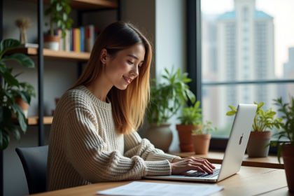 Jeune femme assise au bureau avec ordinateur et plantes