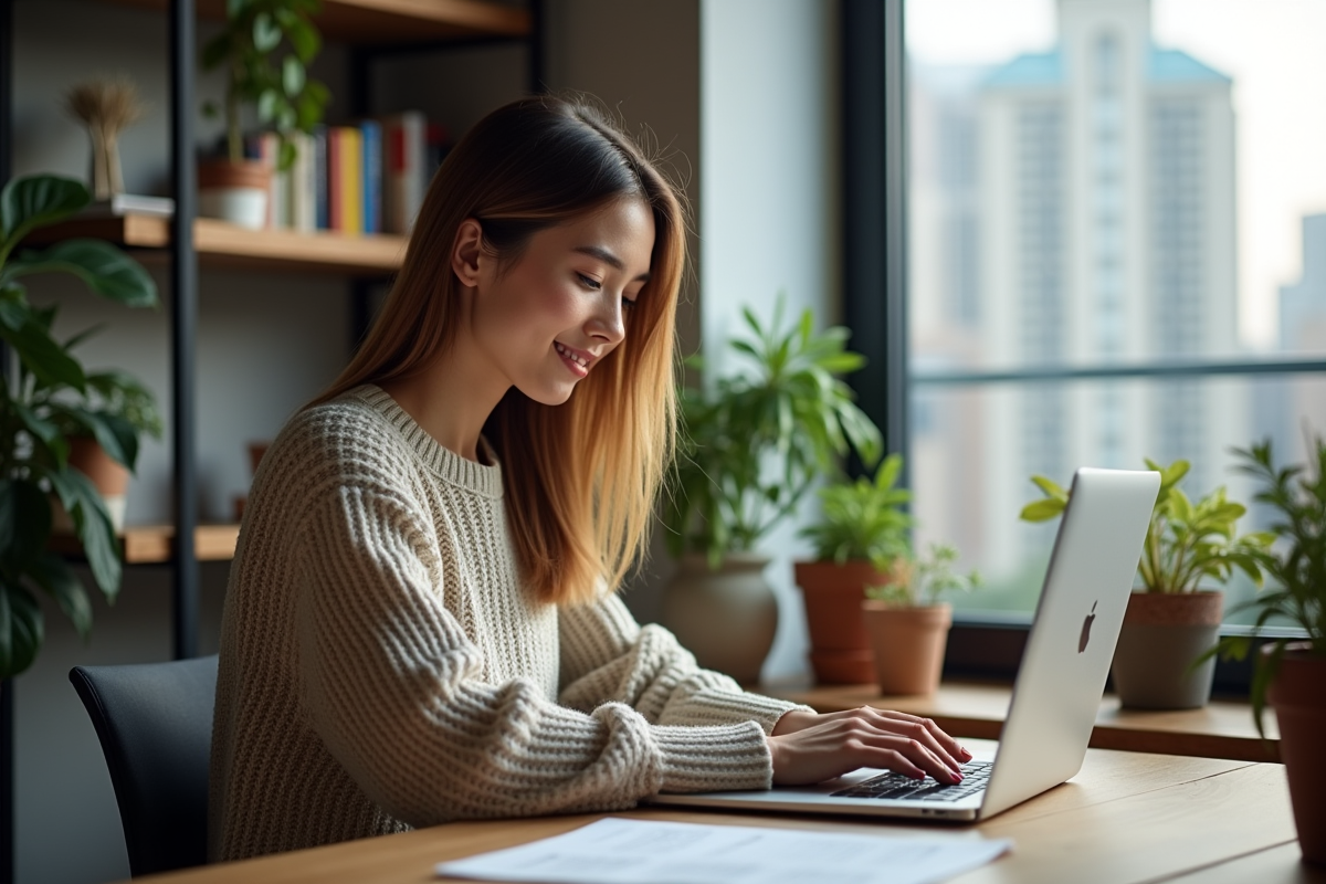 Jeune femme assise au bureau avec ordinateur et plantes