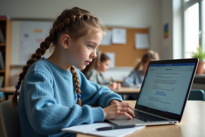 Jeune fille en classe utilisant un ordinateur avec Mon Bureau Numérique