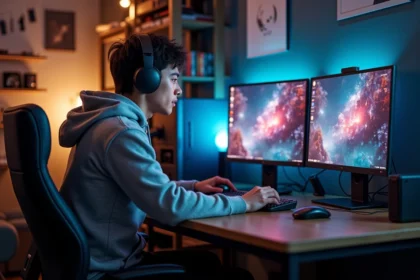 Jeune homme concentré jouant sur PC gaming avec double écran