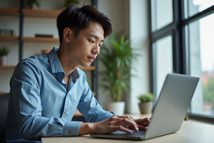 Jeune homme en smartcasual copie une API clé sur son ordinateur