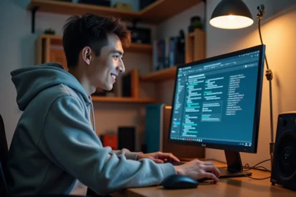 Jeune homme concentré devant un BIOS sur son ordinateur