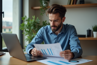 Jeune homme en bureau comparant CPU pour {titre}