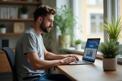 Jeune homme concentré travaillant sur un ordinateur dans un bureau moderne