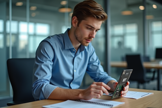 Jeune homme examine un circuit imprimé BT au bureau
