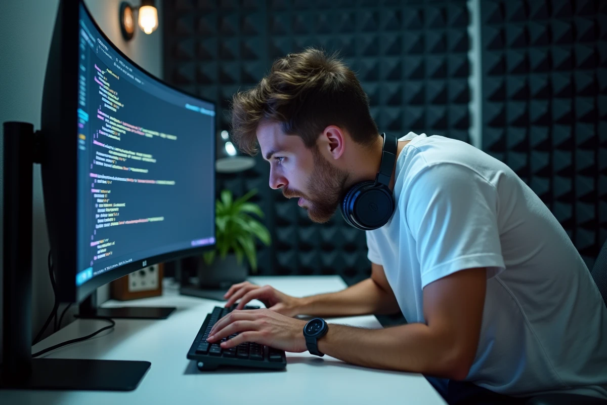 Jeune homme en train d'utiliser un clavier Dell mécanique dans un espace de travail tech minimaliste avec moniteur ultrawide