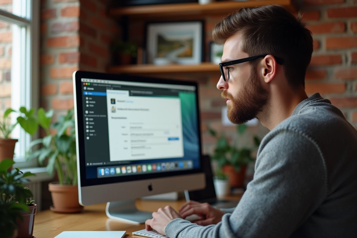 Jeune homme concentré configurant email dans un espace cosy