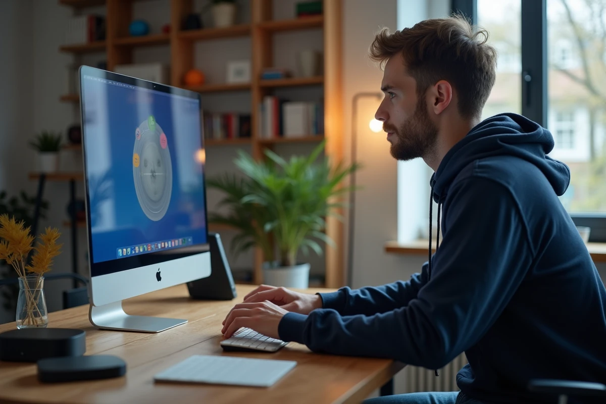 Jeune homme en hoodie bleu utilisant Freebox OS sur un ordinateur