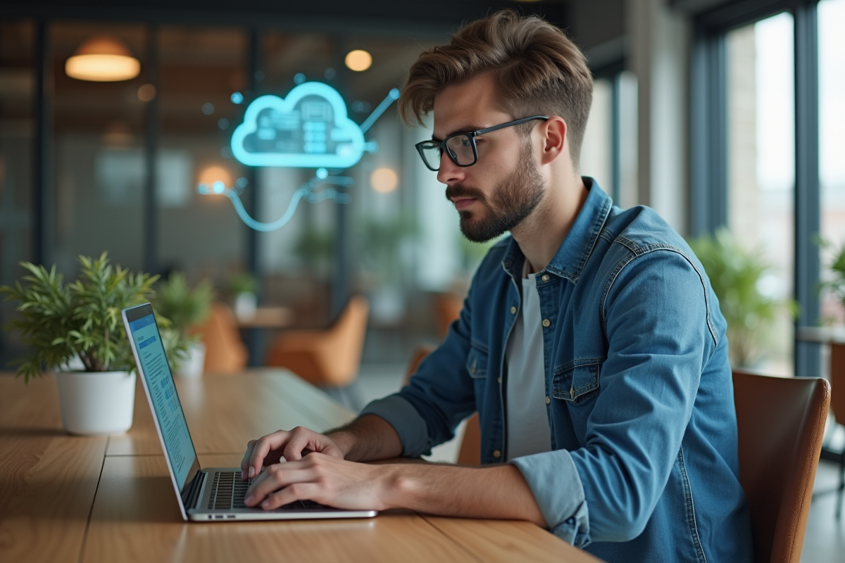 Jeune spécialiste IT travaillant sur un ordinateur portable dans un espace coworking