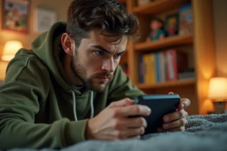 Jeune homme concentré jouant à une ROM GBA Pokémon en version française sur une console portable dans une chambre de gamer