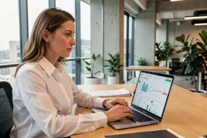 Femme professionnelle analysant la légalité d'un outil de réseaux sociaux sur son ordinateur portable dans un bureau moderne
