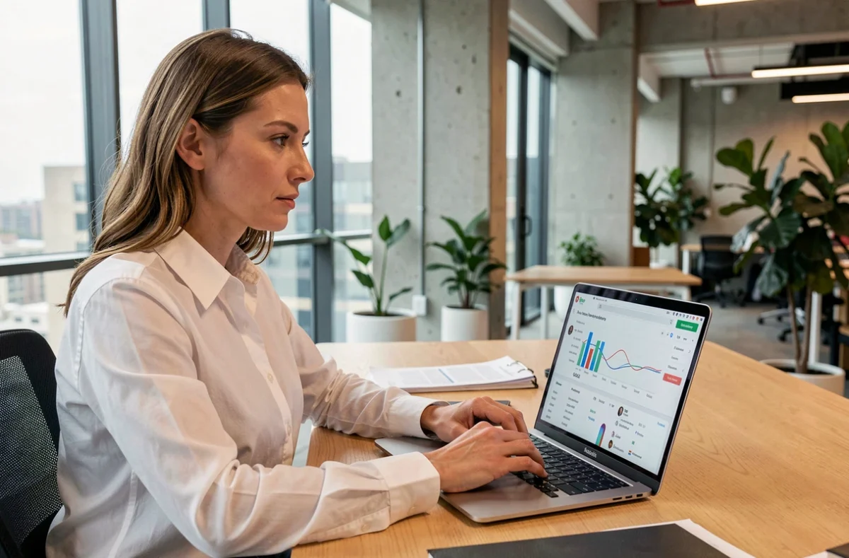 Femme professionnelle analysant la légalité d'un outil de réseaux sociaux sur son ordinateur portable dans un bureau moderne