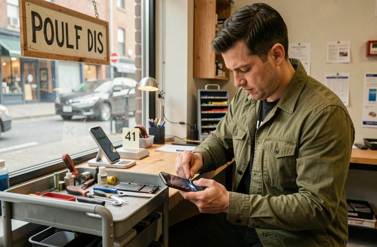 Technicien de Lionphone remplaçant la batterie d'un téléphone mobile dans une petite boutique de réparation urbaine