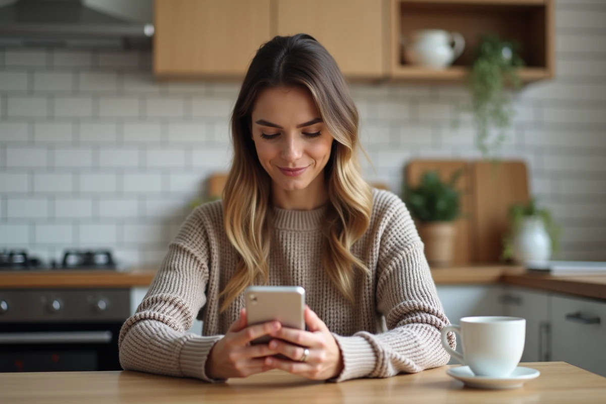 Femme lisant ses emails AOL sur un smartphone Android dans une cuisine moderne