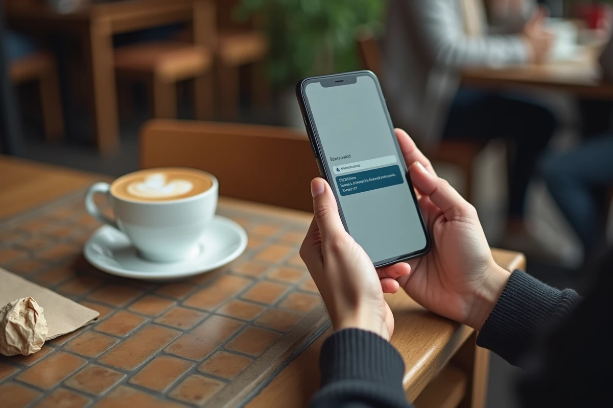 Mains tenant un smartphone affichant une notification de changement d'URL de site web dans un café