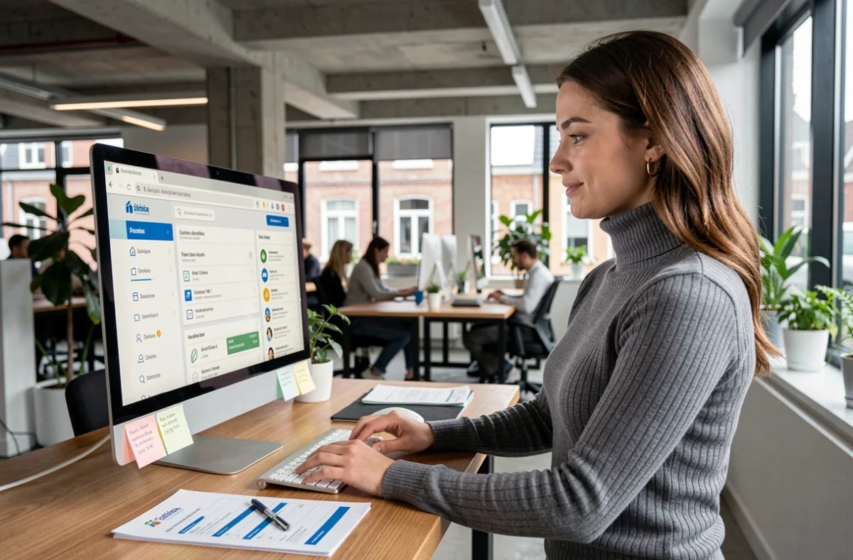 Jeune femme accédant à un portail administratif normand depuis un espace de coworking