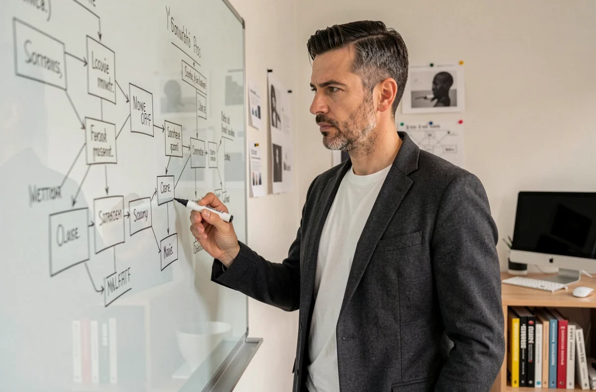 Directeur créatif de MIG Agence élaborant une stratégie digitale Shopify sur tableau blanc dans un studio moderne