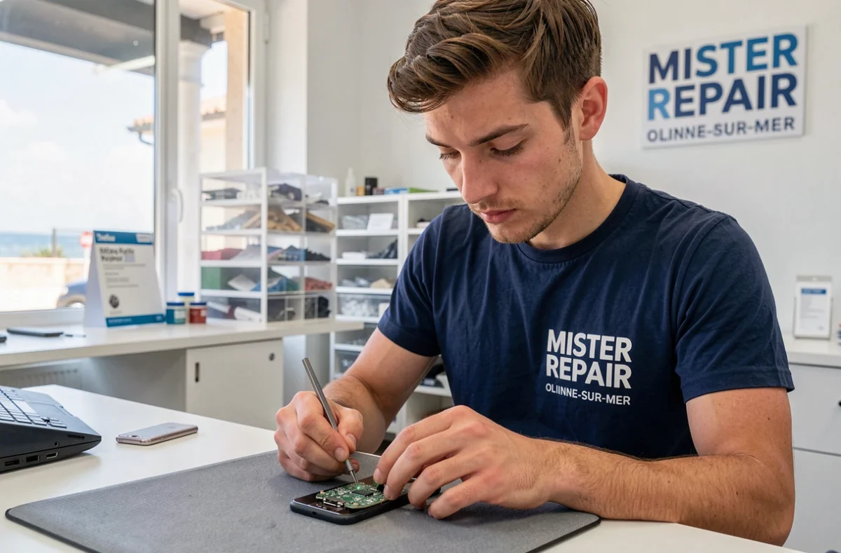 Technicien Mister Repair à Olonne-sur-Mer travaillant sur une carte mère de smartphone avec des pinces de précision