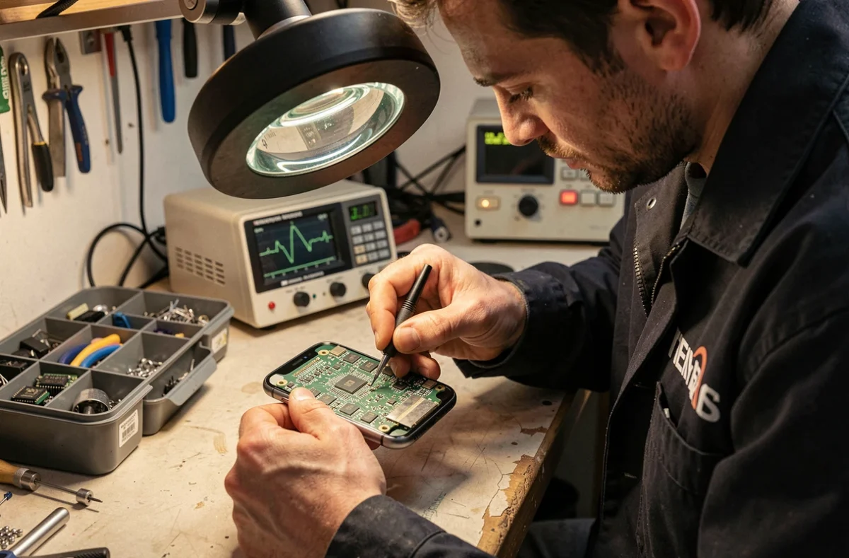 Technicien de Mobile Expert Rezé soudant un composant sur une carte mère de smartphone dans son atelier