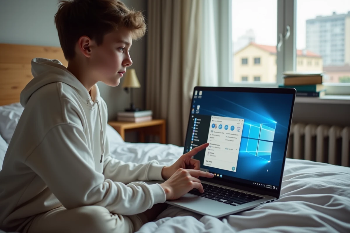 Adolescent modifiant les propriétés d'un raccourci sur le bureau d'un ordinateur portable Windows depuis sa chambre