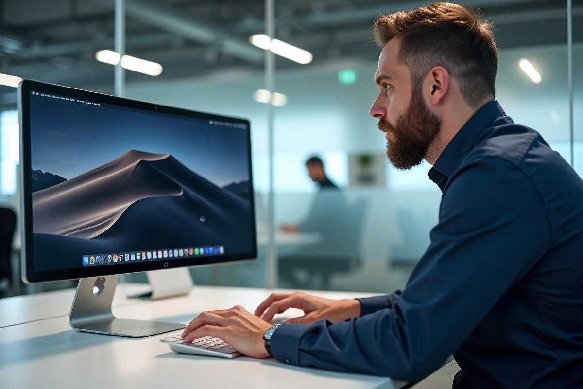 Homme en train de renommer un raccourci sur un bureau macOS dans un environnement de bureau professionnel moderne
