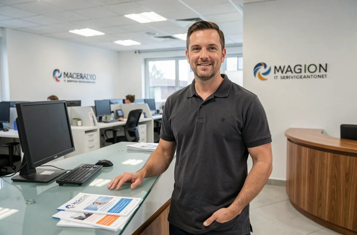 Technicien d'Oméga Informatique accueillant des clients dans les locaux professionnels de la société à Lyon