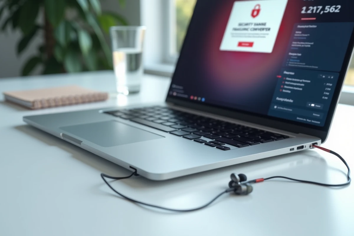 Ordinateur portable affichant une alerte de sécurité sur un site convertisseur MP3 gratuit avec des écouteurs sur le bureau