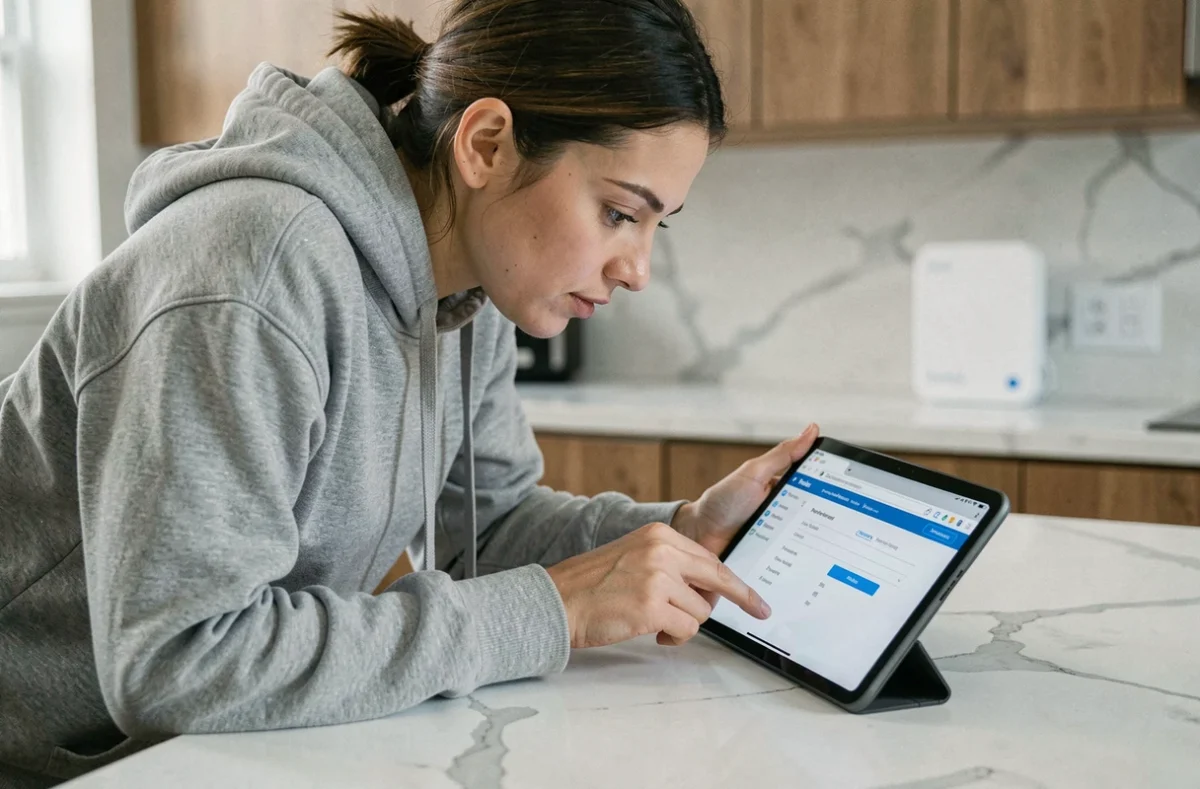 Femme consultant le portail mafreebox.freebox.fr sur tablette pour configurer les ports de sa Freebox dans une cuisine moderne