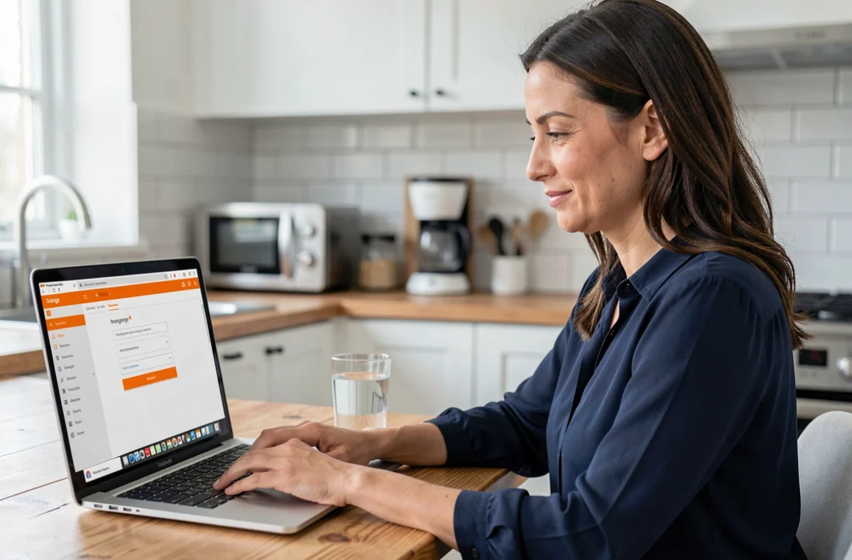 Femme configurant sa messagerie Orange sur un laptop dans une cuisine moderne