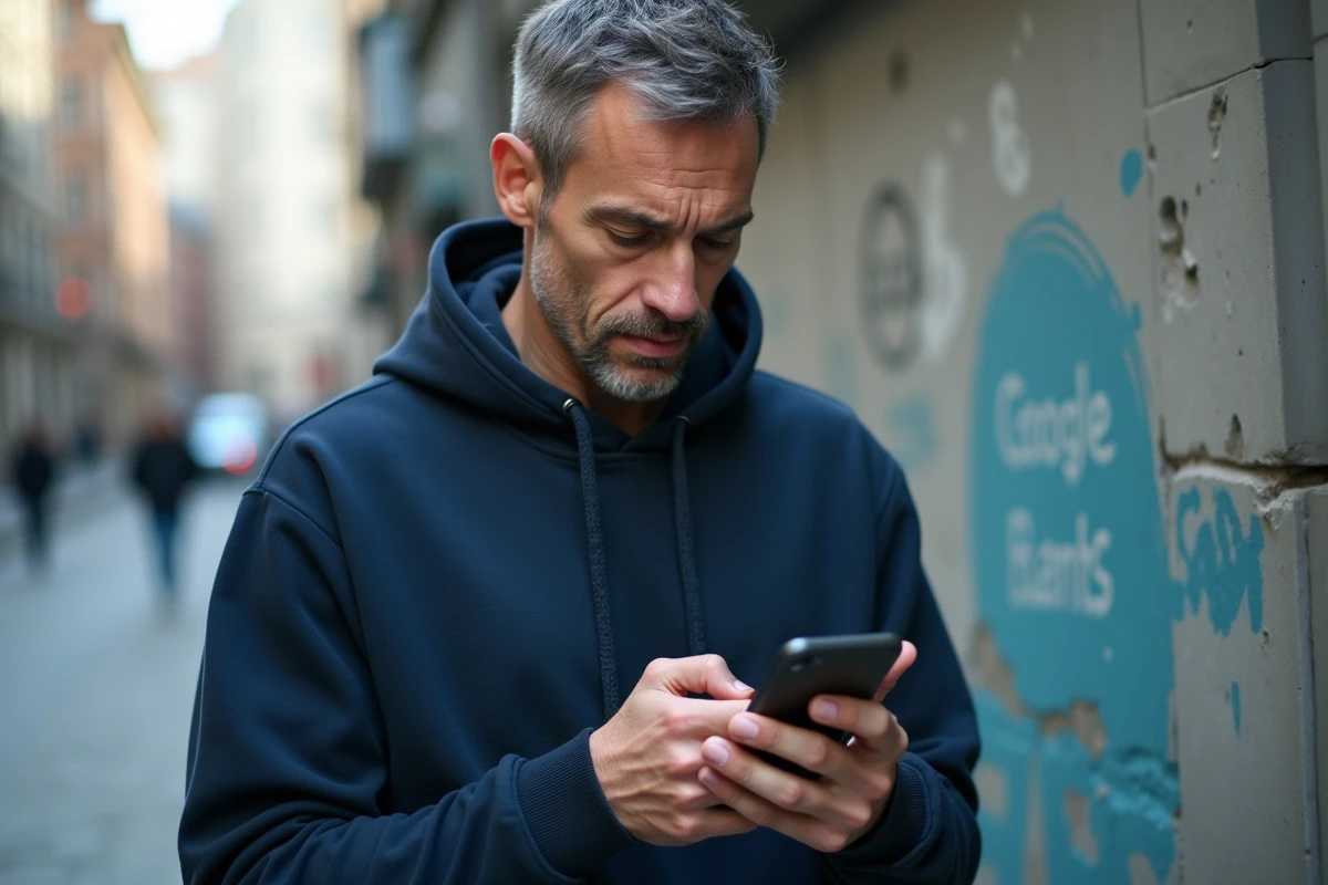 Homme consultant les paramètres de confidentialité et d'historique Google sur smartphone en extérieur urbain